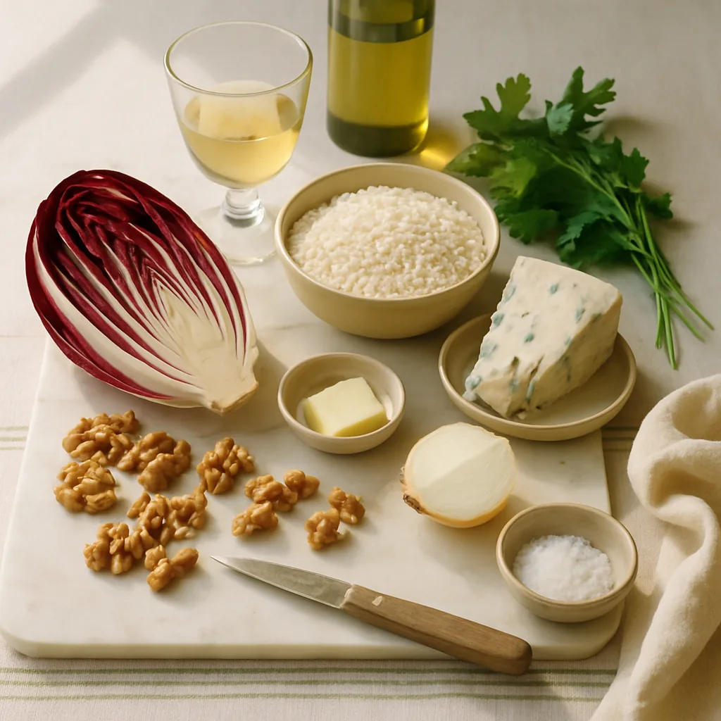 Ingredients laid out for a radicchio and gorgonzola risotto with walnuts: a head of radicchio di Treviso, a bowl of arborio rice, a wedge of gorgonzola dolce on a small ceramic dish, a small handful of shelled walnuts, half a small white onion.