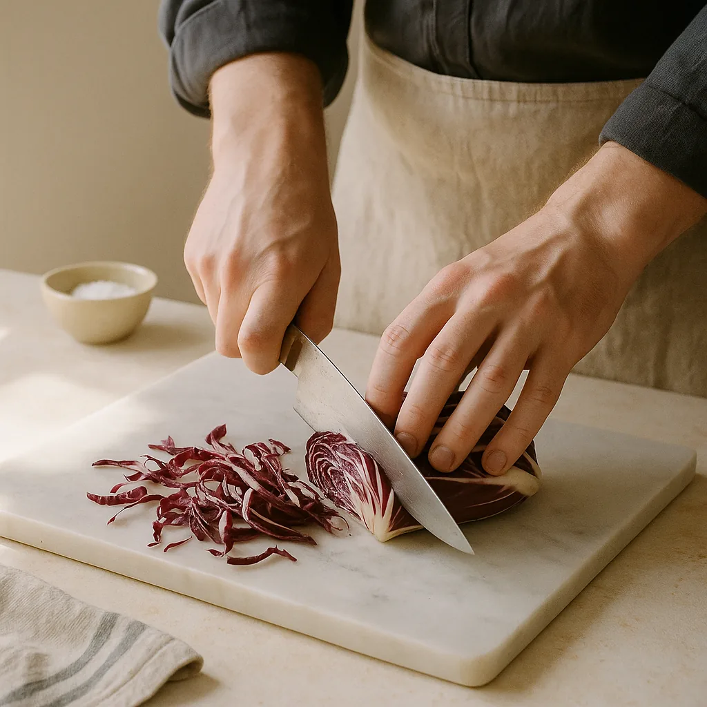 A pair of hands slices a head of radicchio di Treviso on the marble board with a 20 cm chef's knife, the blade mid-stroke and just through the leaves, cutting them into thin ribbons.