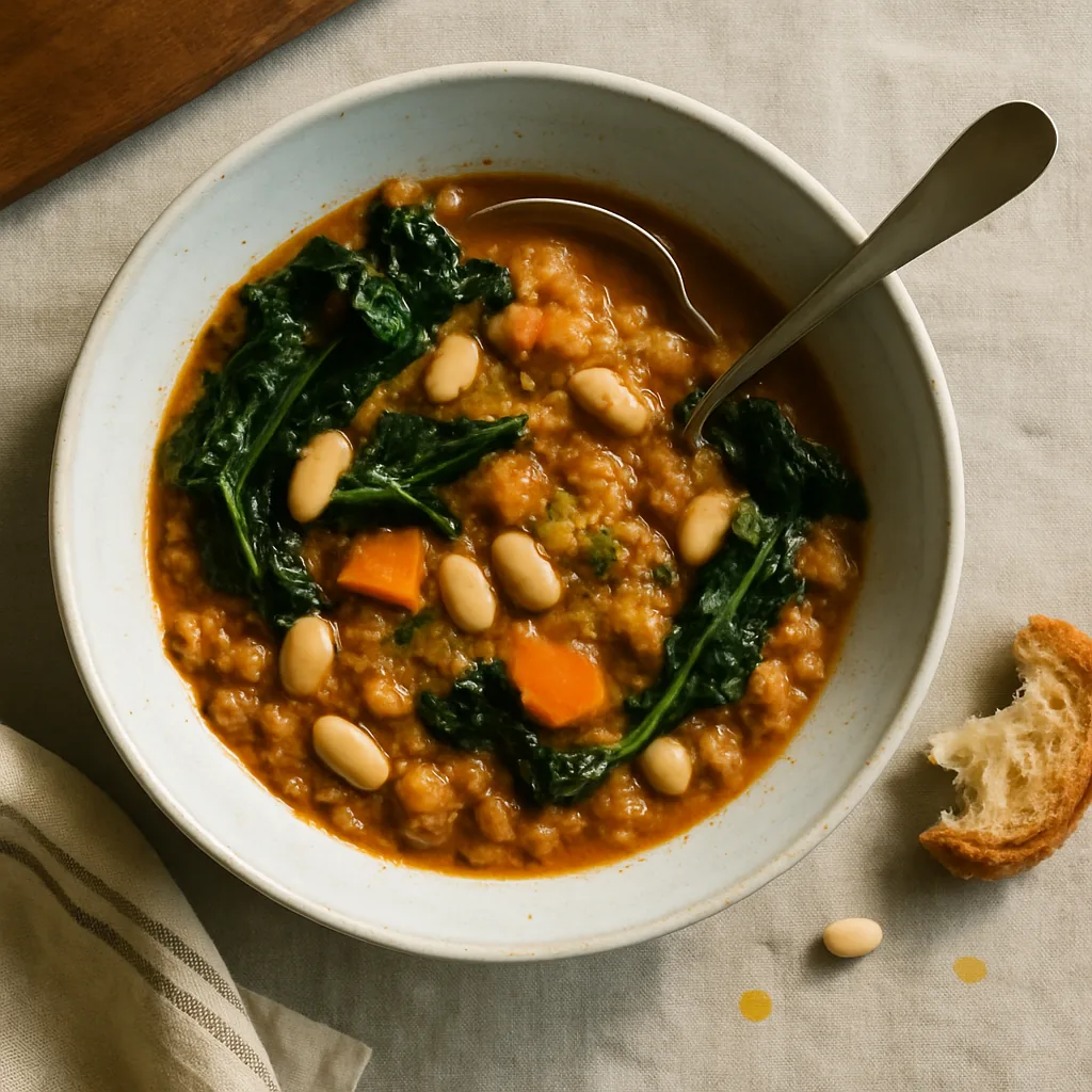 The finished ribollita in a pale blue glazed ceramic deep bowl with speckle. Torn ribbons of cavolo nero lie across the top, dark blue-green and visibly blistered and crinkled.