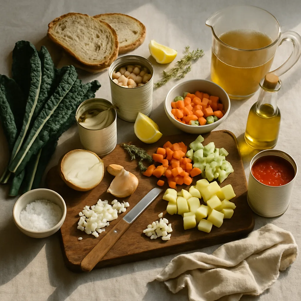 Ingredients laid out for ribollita, the Tuscan bread and vegetable soup with cavolo nero and cannellini beans.