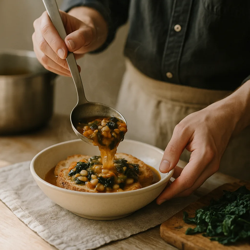 A pair of hands tips a full ladle of thick ribollita over slices of stale bread laid in the bottom of a deep bowl, the soup falling in a slow heavy fold rather than a stream and soaking straight into the bread.