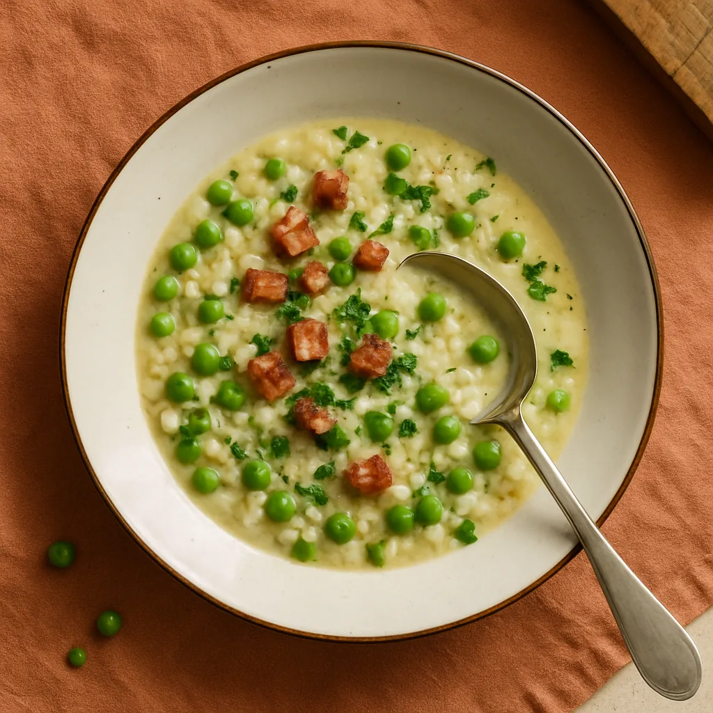The finished risi e bisi on a pale pink plate with a hand-painted thin black rim. Looser and wetter than a risotto, almost spoonable: pale rice and a great many bright green peas suspended in a thin creamy broth that runs towards the rim.
