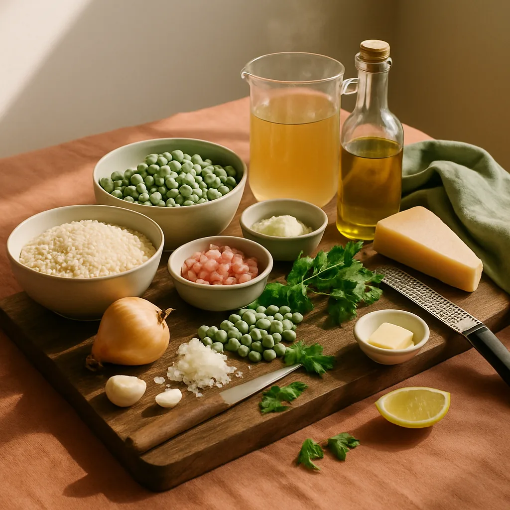 Ingredients laid out for risi e bisi, the Venetian rice and pea dish, loose and soupy, with pancetta.