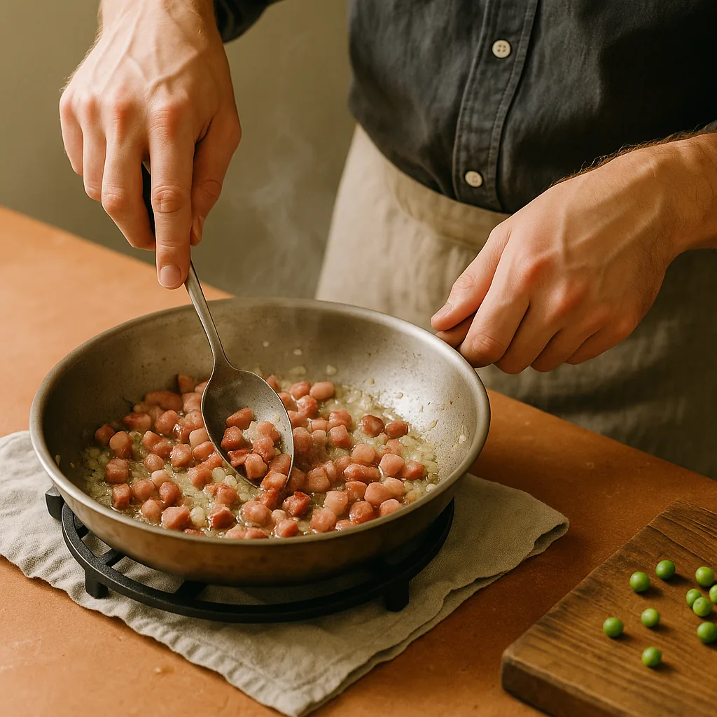 A pair of hands turns diced pancetta in a wide pan with a metal serving spoon, the cubes half rendered: some already browned and shrunken, some still pale and fatty, the pan base glossy with rendered fat.