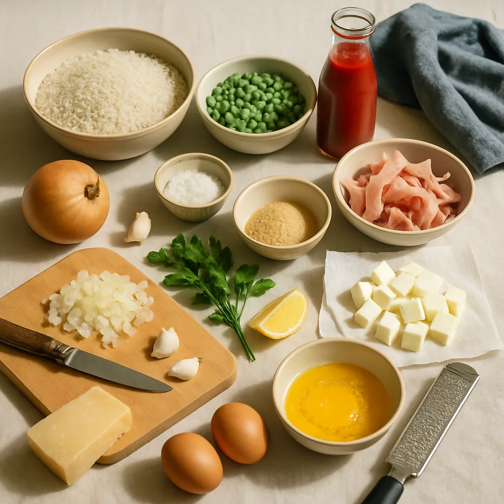 Ingredients laid out for riso al forno, baked rice with peas, mozzarella and cooked ham: a bowl of dry long-grain rice, a ball of mozzarella, cooked ham in thick strips, a bowl of frozen peas, a glass bottle of tomato passata, an onion.