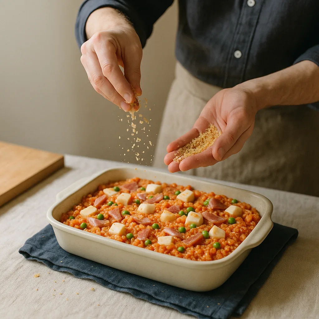 A pair of bare hands scatters breadcrumbs over an assembled dish of riso al forno, the crumbs falling from a raised hand and caught in mid-air in the window light, landing unevenly.