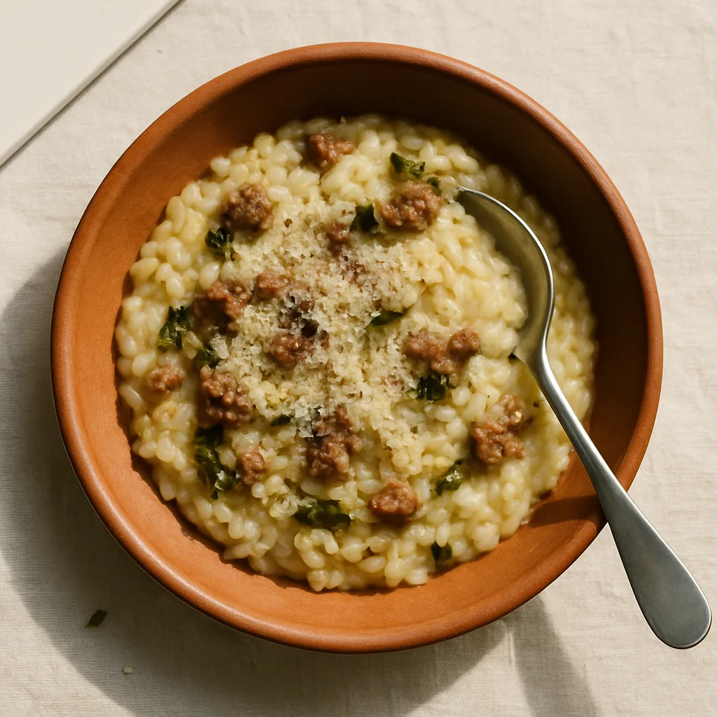 The finished risotto in an unglazed terracotta shallow bowl-plate, spread out flat the way risotto is served rather than heaped.