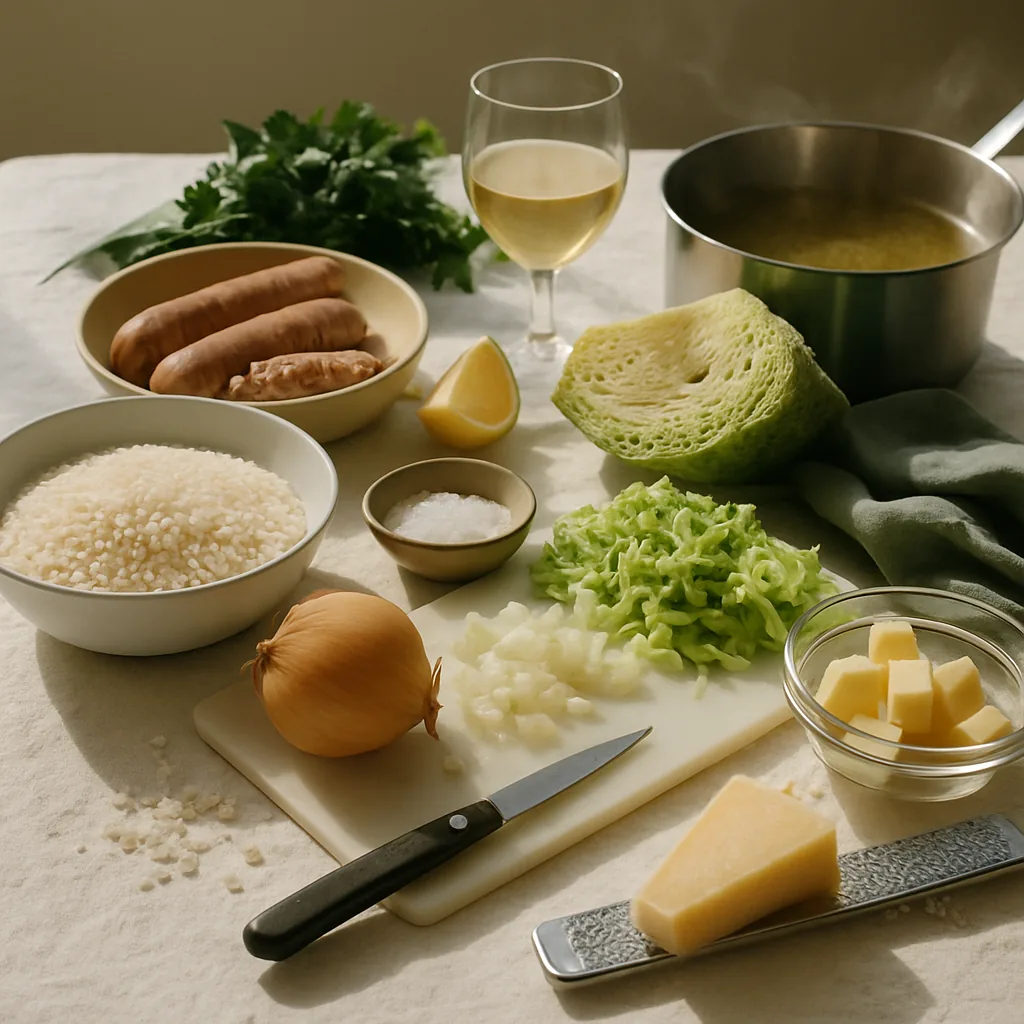 Ingredients laid out for a risotto with sausage and savoy cabbage: a bowl of carnaroli rice, three Italian pork sausages, savoy cabbage, an onion, a plain wine goblet with a splash of white wine, a wedge of parmigiano with a microplane.