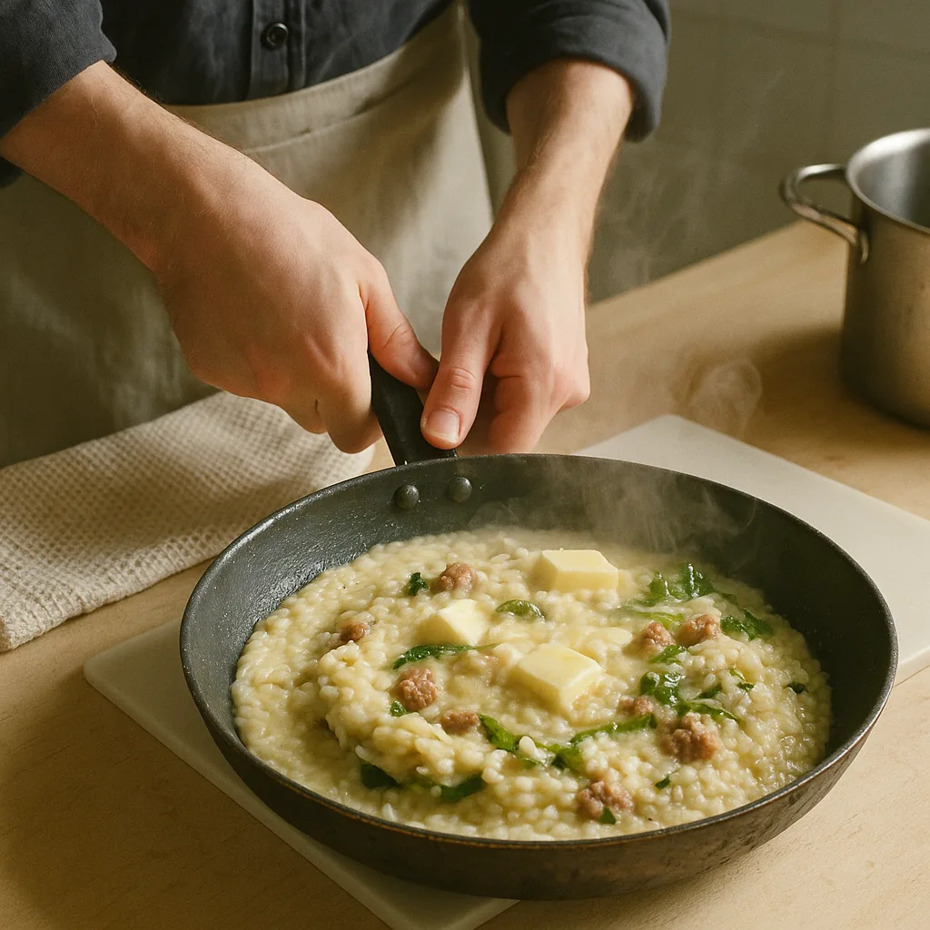 Both hands grip the handle of a wide shallow pan of finished risotto and jerk it towards the cook for the mantecatura, so the whole surface of the rice slides forward as one wave and folds back on itself.