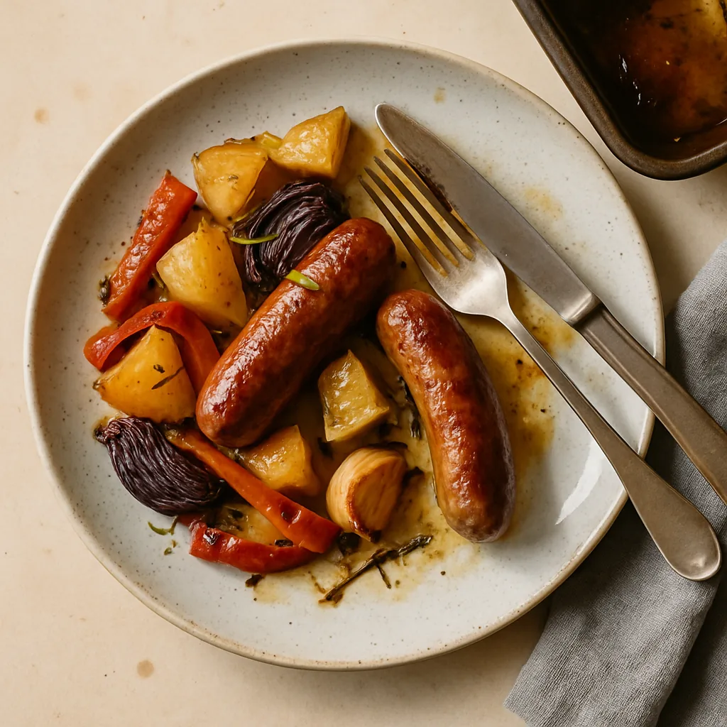 The finished tray bake on a pale blue glazed ceramic plate with speckle. Two burnished sausages split slightly along one side, roast potato chunks with dark crisp corners, collapsed red and yellow pepper strips, soft charred red onion.