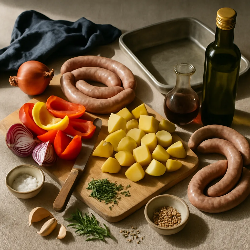 Ingredients laid out for a sausage, potato and pepper tray bake: six Italian pork sausages, potatoes in 3 cm chunks, two peppers, two red onions cut into thick wedges, 4 unpeeled garlic cloves, two rosemary sprigs and a heap of chopped rosemary leaves.