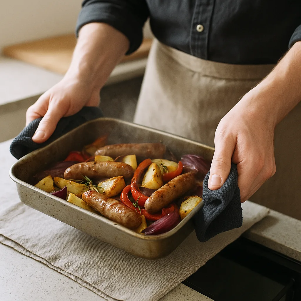 Both hands grip the two ends of a shallow roasting tin through a folded indigo tea towel and shake it, so everything inside slides and jumps a centimetre: browned sausages, potato chunks with crisp corners, wide pepper strips gone soft and blistered.