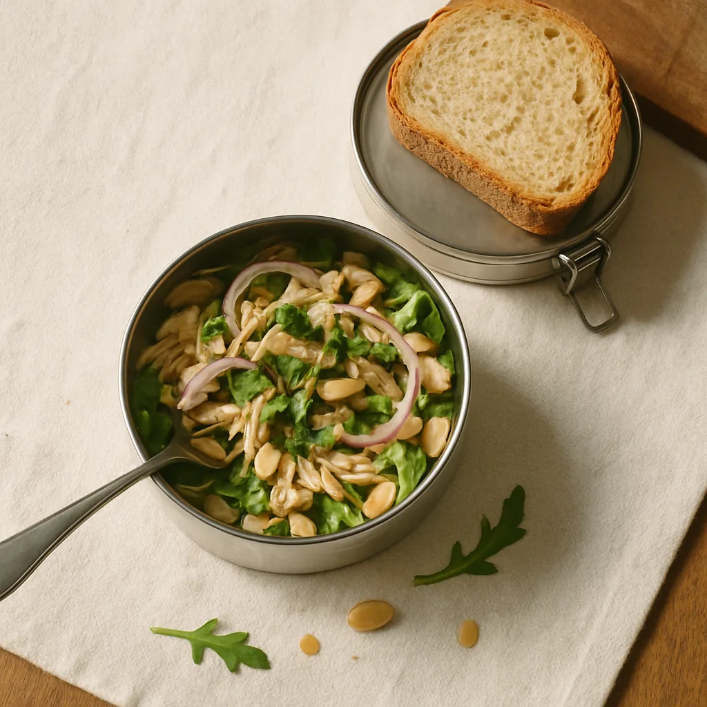 The finished salad packed into a brushed stainless steel tiffin, round stackable tiers with a silver side clasp and a slight patina, the top tier open and filled: shredded chicken, cannellini beans, paper-thin red onion rings and rocket tossed together.