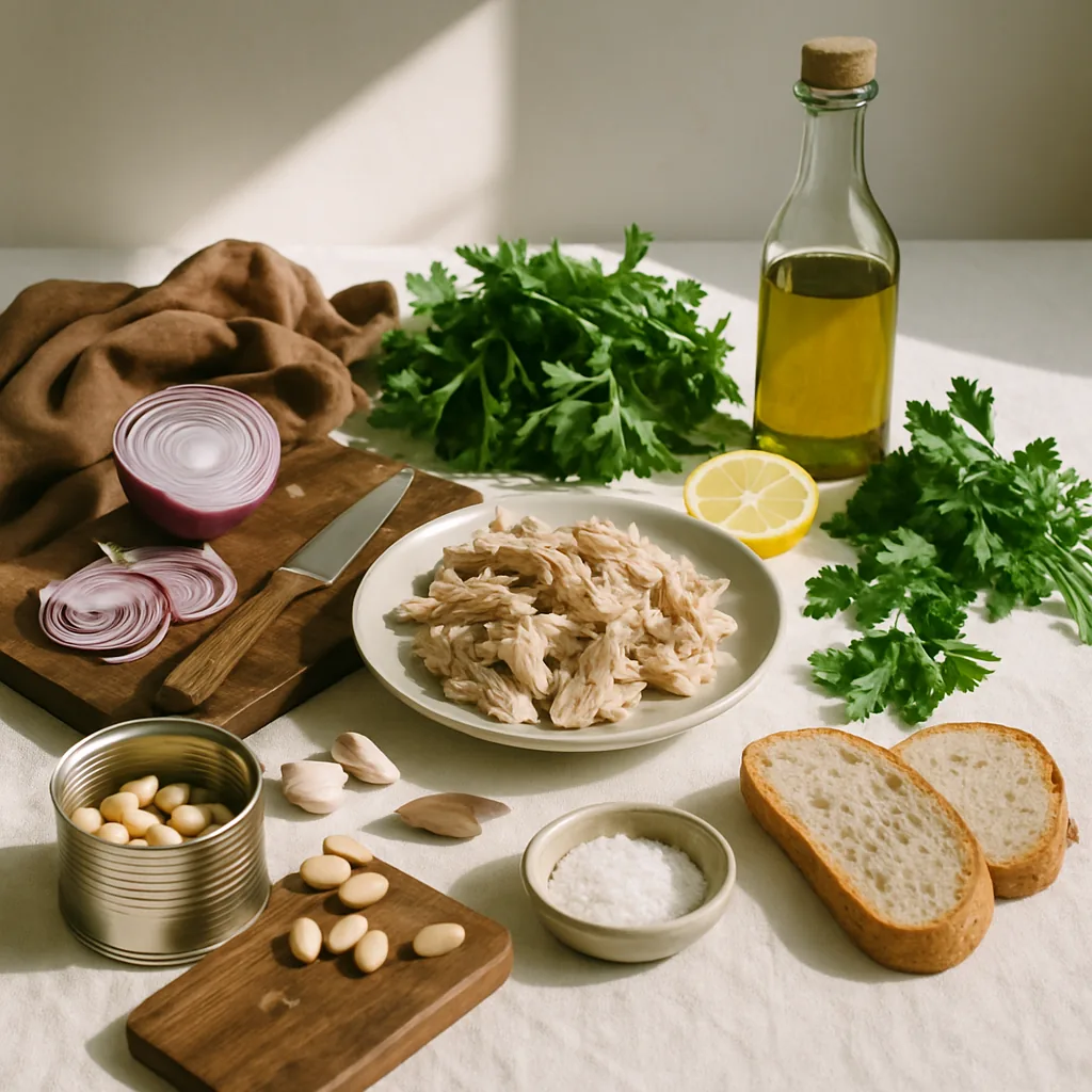 Ingredients laid out for a no-cook salad of shredded leftover chicken, cannellini beans, paper-thin red onion and rocket.