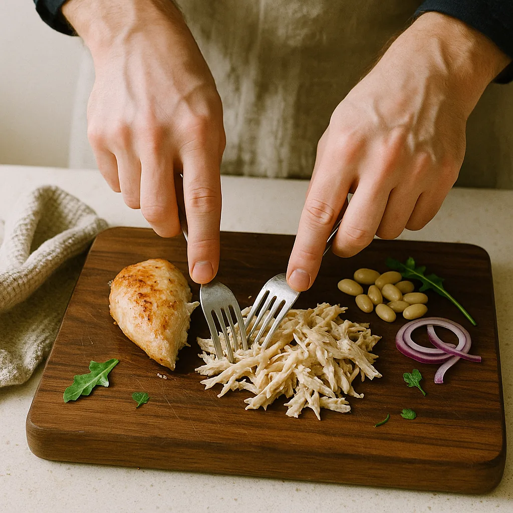 A pair of hands pulls a cooked chicken breast apart with two forks on the walnut board, the meat coming away in coarse ragged shreds.