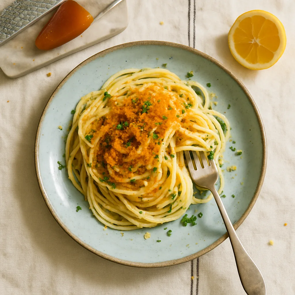 The finished spaghetti alla bottarga on a pale blue glazed ceramic plate with fine speckle. A neat nest of spaghetti, glossy and pale gold, shot through with fine ribbons of grated courgette.