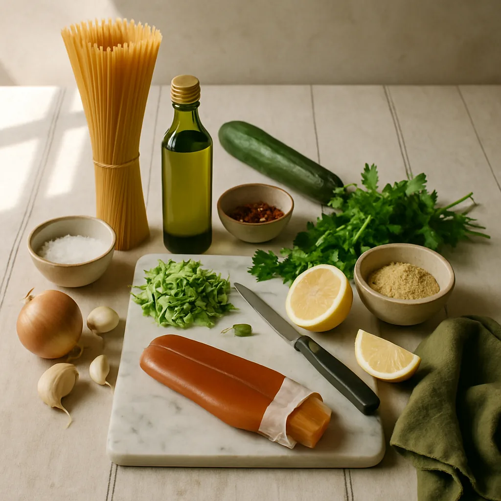 Ingredients laid out for spaghetti alla bottarga, pasta with grated Sardinian cured mullet roe, courgette and lemon breadcrumbs.