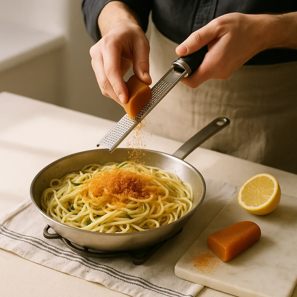 A pair of hands grates the amber block of bottarga on a stainless microplane directly over a pan of drained spaghetti tangled with pale green grated courgette.