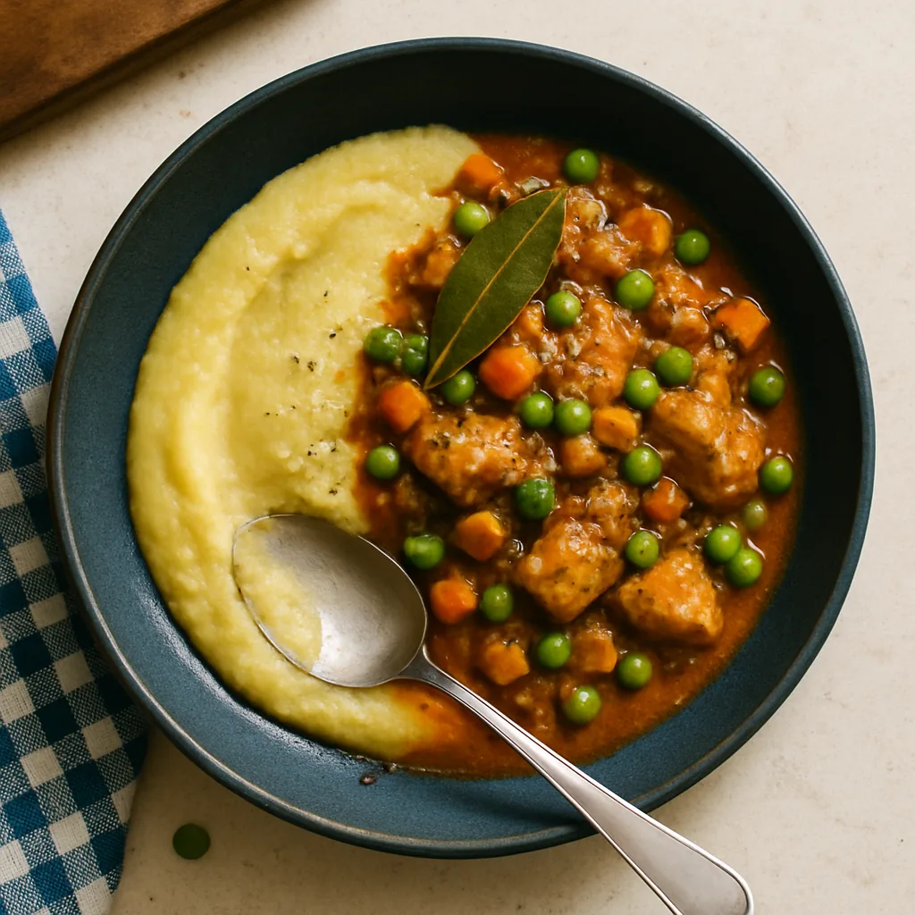 The finished dish in a deep navy shallow bowl-plate. A soft pool of golden polenta covering half the plate, the chicken spezzatino spooned over one side: tender chunks of thigh, diced carrot and celery, bright green peas.