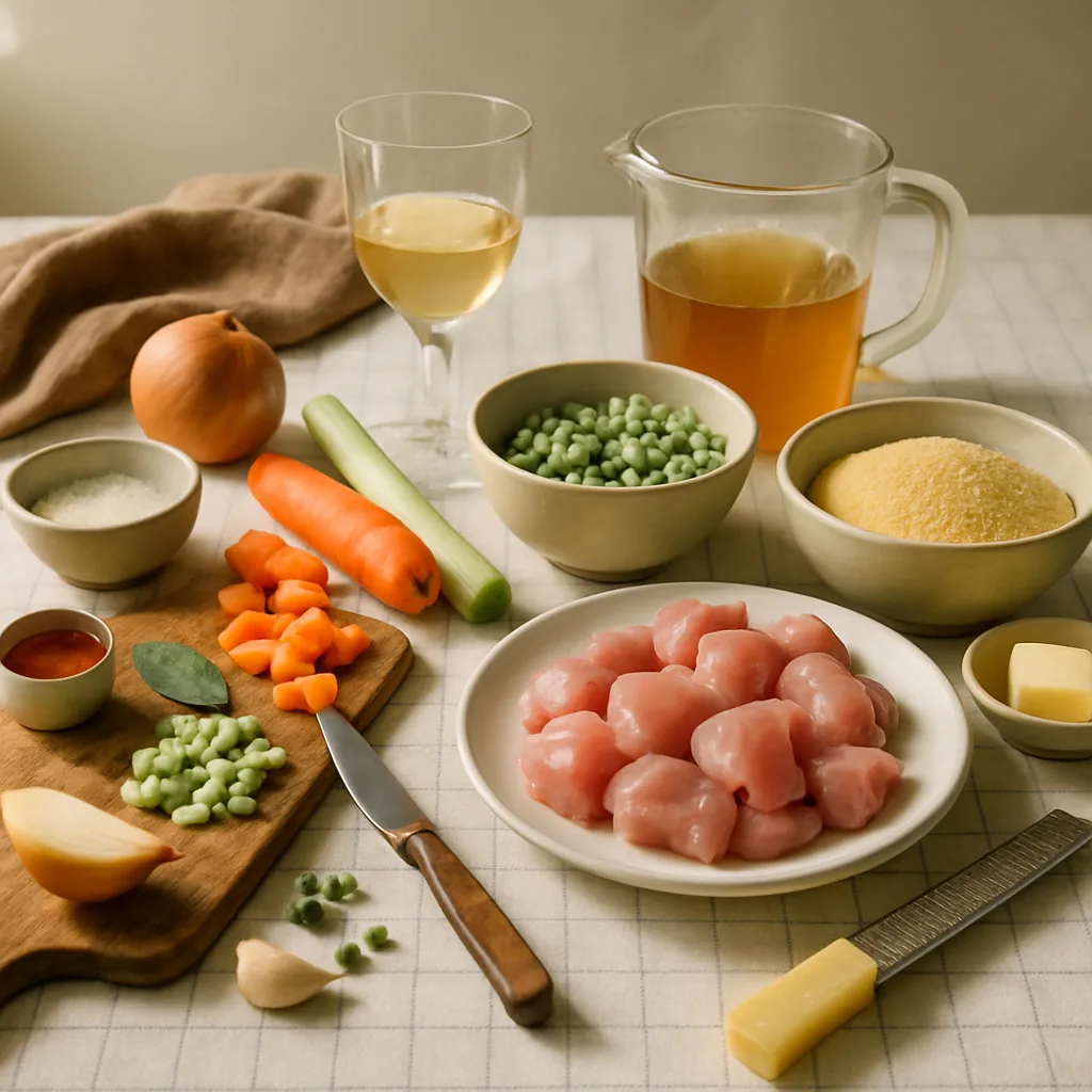 Ingredients laid out for spezzatino di pollo, chicken thigh chunks stewed with soffritto, white wine and peas, served over instant polenta.