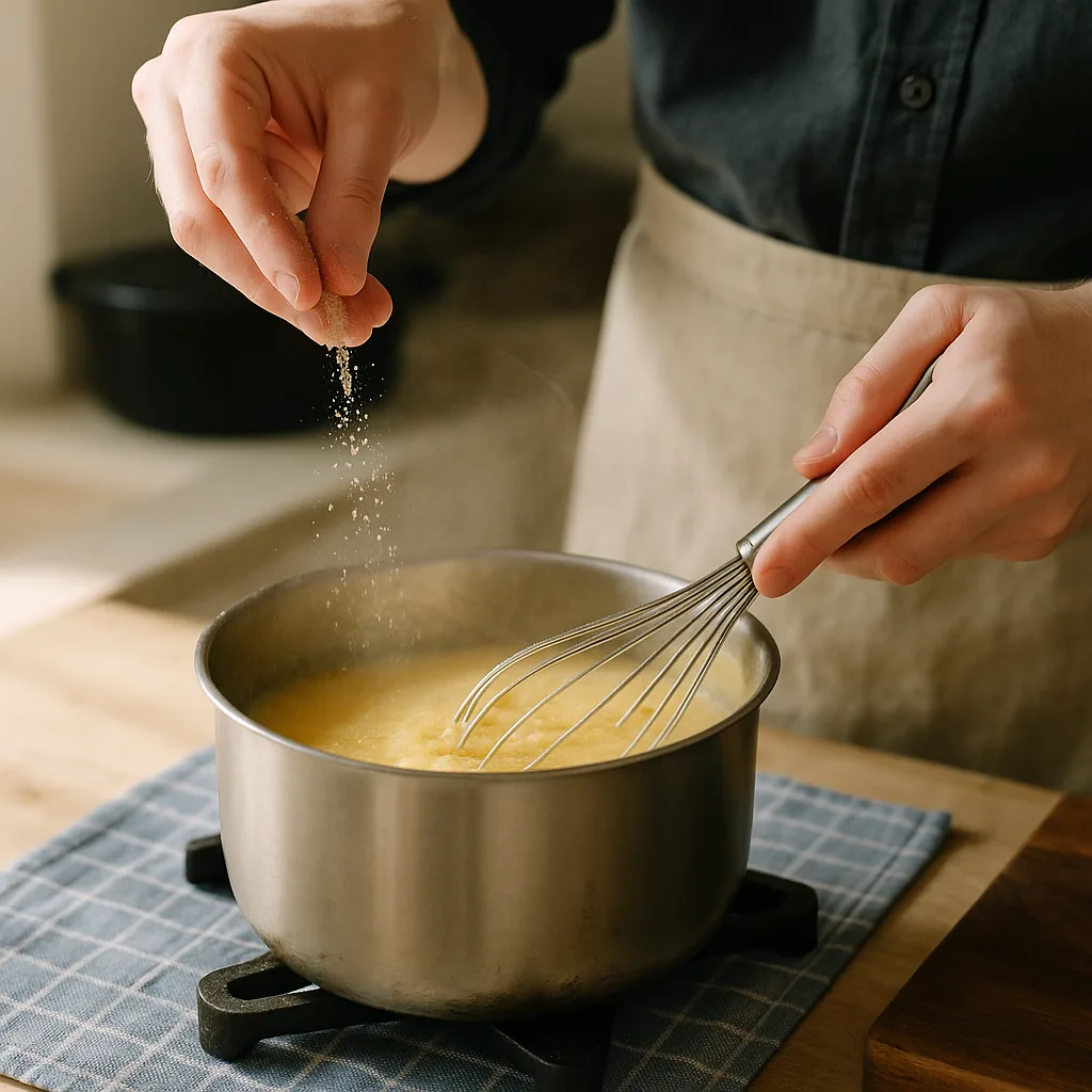 A pair of hands whisks instant polenta in a deep saucepan of simmering water with a stainless balloon whisk. The polenta is halfway to thick: golden, still loose.