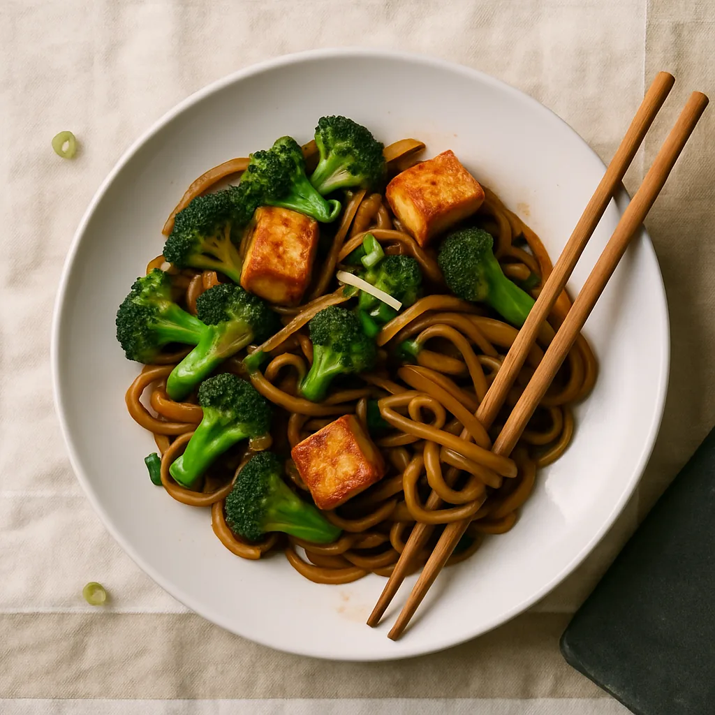 The finished stir-fry on a plain white porcelain plate with a subtle rim. A tangle of glossy rice noodles, crisp golden tofu cubes sitting on top with their edges still sharp, broccoli florets bright green and scorched at the tips.