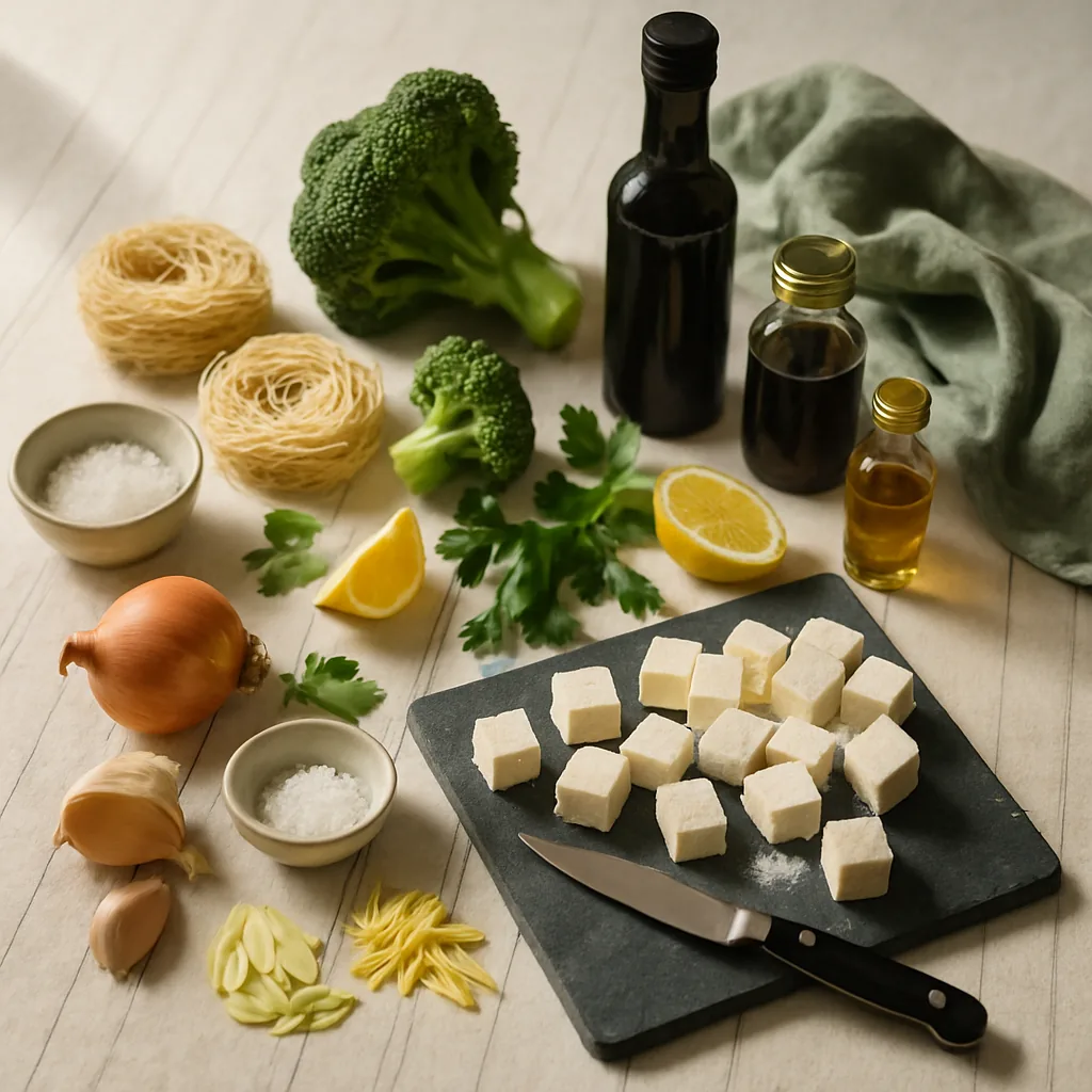 Ingredients laid out for a tofu, broccoli and noodle stir-fry with ginger: a block of firm tofu, broccoli in small florets, two dry nests of rice noodles, a knob of fresh ginger, 3 garlic cloves sliced thin.