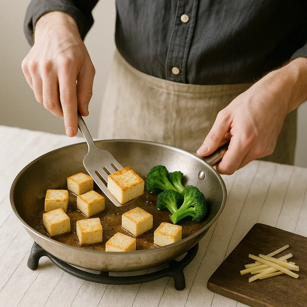 A pair of hands slides a thin metal fish slice under a tofu cube in a hot wide pan to turn it. The cube is lifted clear, its underside a crisp deep gold, the top still pale.