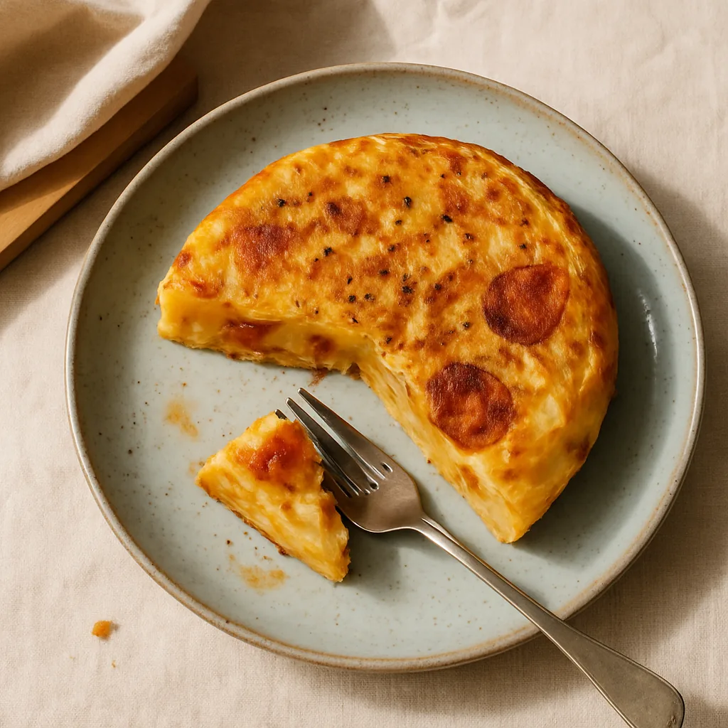 The finished tortilla on a pale blue glazed ceramic plate with speckle, a thick wedge cut and eased out so the cut face is visible.