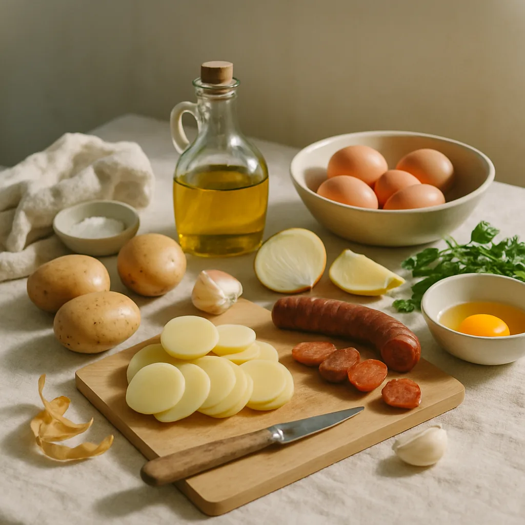 Ingredients laid out for a Spanish tortilla with chorizo and onion: three waxy potatoes, six eggs, a length of cooking chorizo, two onions, a generous jug or bottle of olive oil.