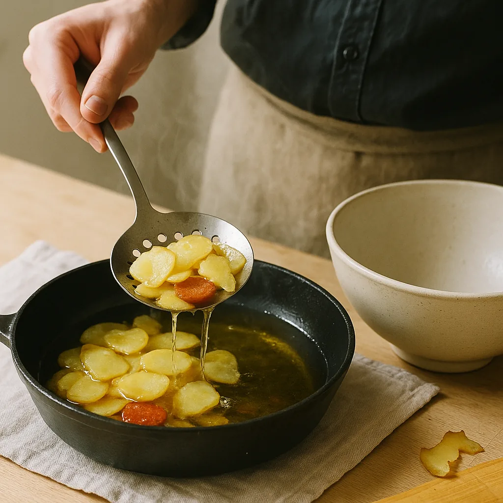 A pair of hands lifts a slotted spoon of softened potato slices and onion out of a pan of hot olive oil, the oil draining back through the slots in fine streams.