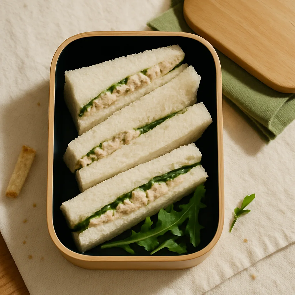 The finished tramezzini packed into a Japanese two-tier bento, natural cherry wood outside, deep black lacquer inside, the lid set aside with a folded olive cloth wrap under it.