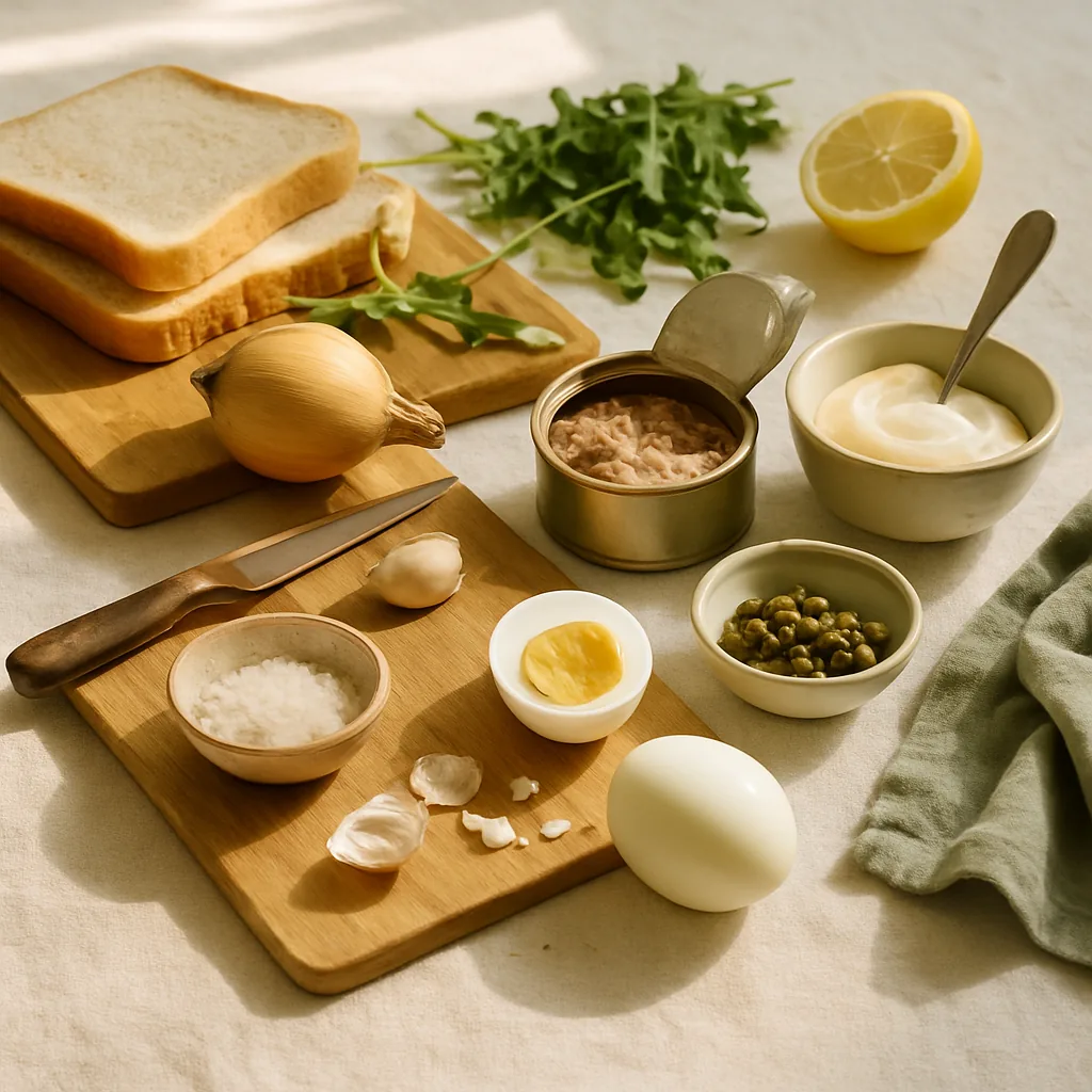 Ingredients laid out for tramezzini with tuna, egg and rocket: four slices of very soft white sandwich bread, an opened tin of tuna in olive oil, two hard-boiled eggs, a small bowl of mayonnaise with a spoon standing in it.