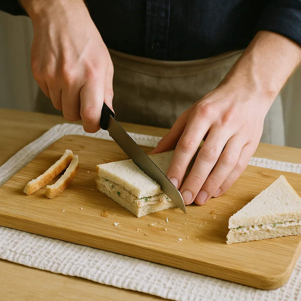 A pair of hands cuts the crusts off a filled sandwich with a long serrated bread knife on the bamboo board, the blade halfway through one edge, the crust strip falling away.