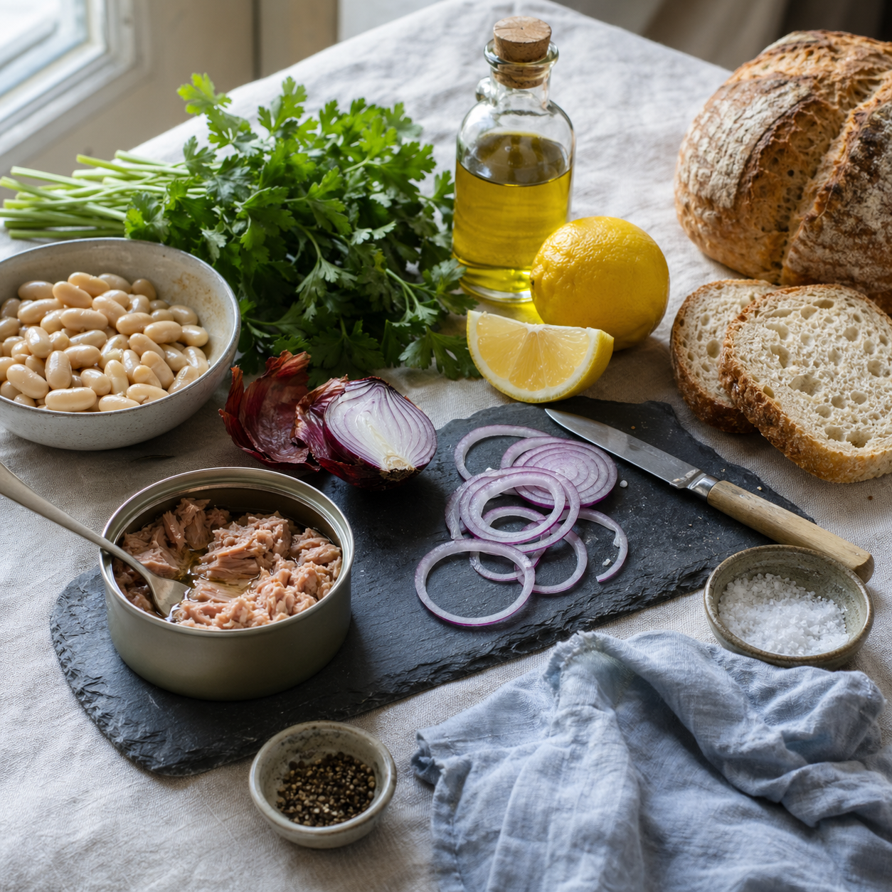 Tuna, cannellini, and red onion salad with rustic bread: ingredients