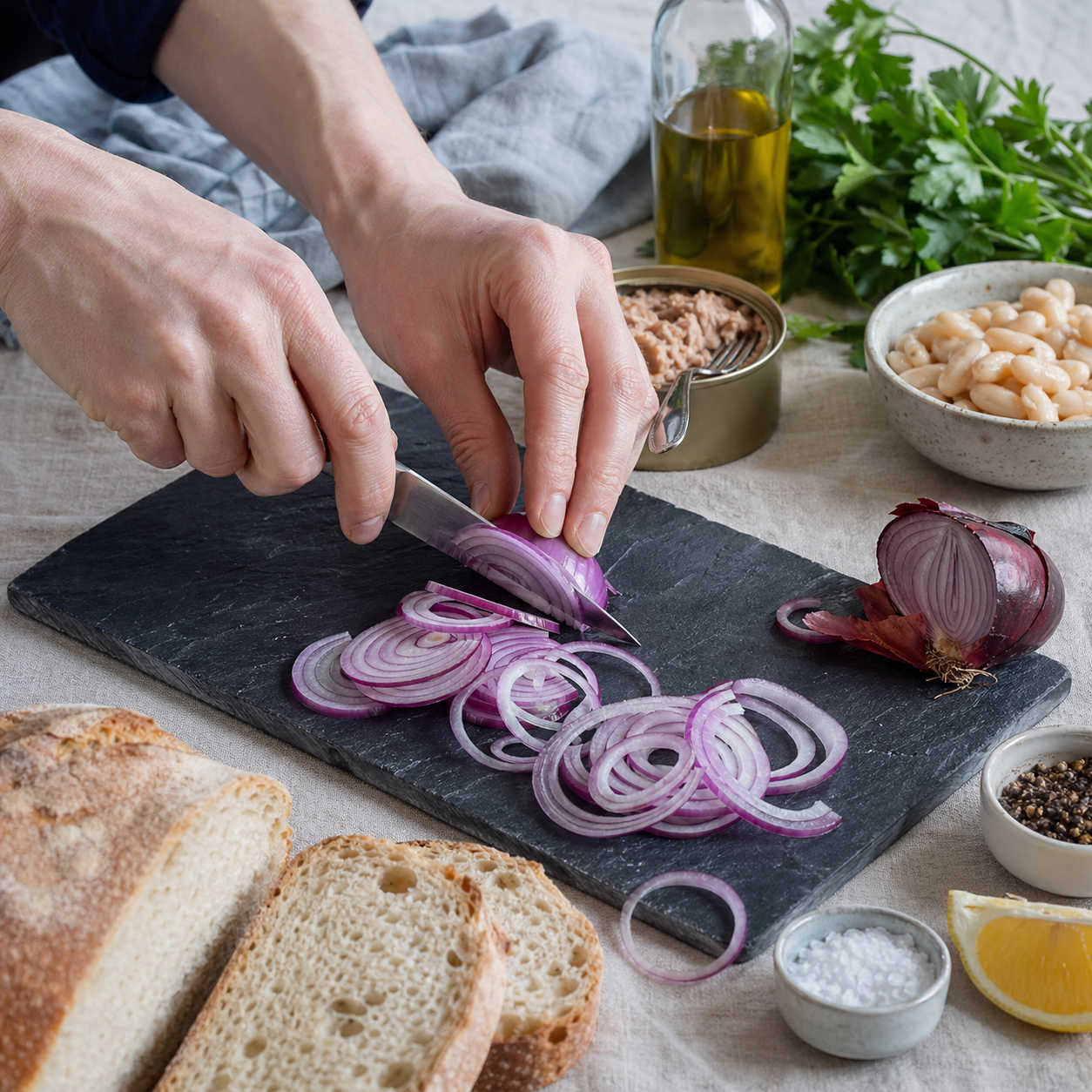 Tuna, cannellini, and red onion salad with rustic bread: prep
