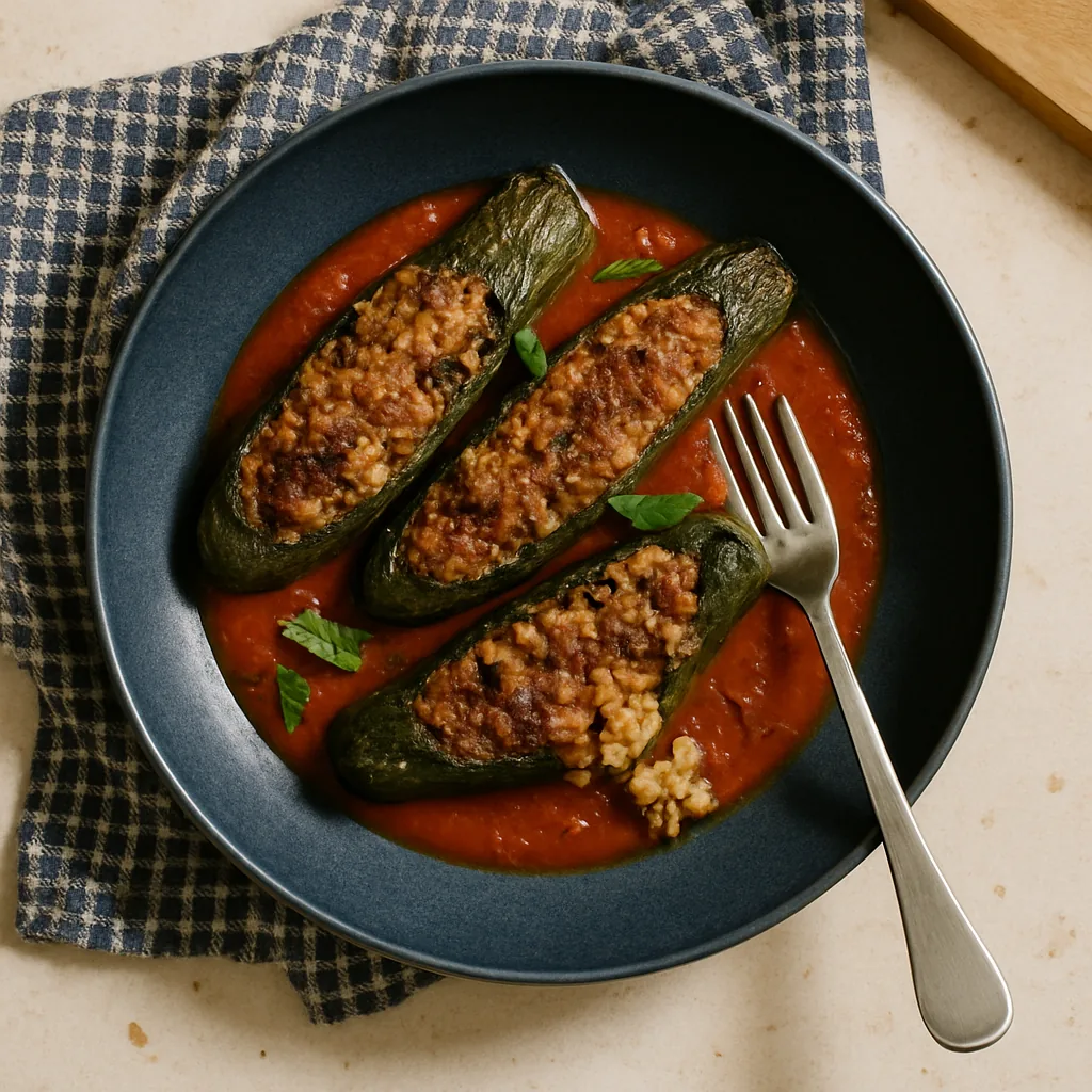 The finished dish in a deep navy shallow bowl-plate. Three baked courgette halves, their skins wrinkled and blistered dark green, packed with a rice and lentil stuffing that has browned and crisped on top.
