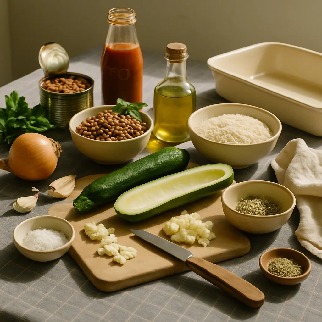 Ingredients laid out for courgettes stuffed with rice and lentils: two medium courgettes, a bowl of dry long-grain rice, an opened tin of green lentils, an onion part chopped, a glass bottle of tomato passata.