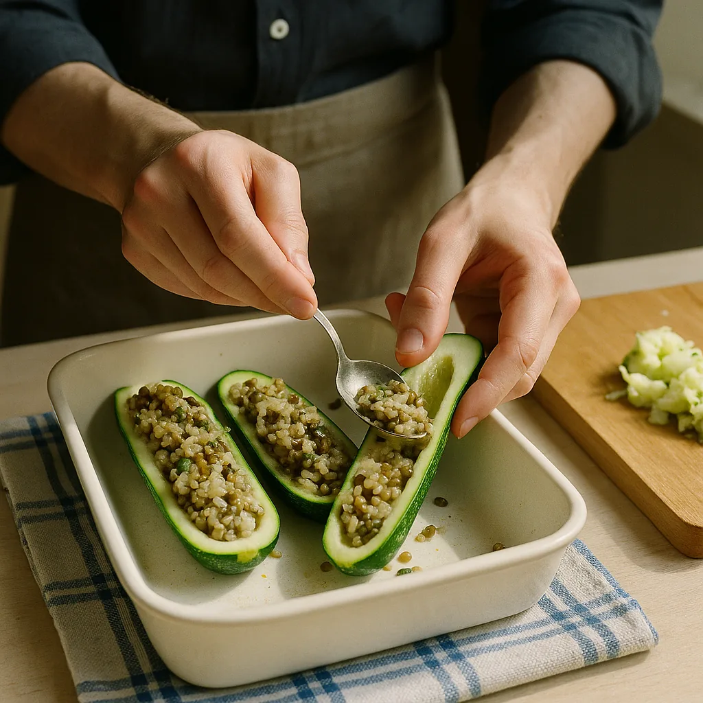A pair of hands fills a hollowed courgette half with a teaspoon, pressing a spoonful of rice and lentil stuffing down into the boat.
