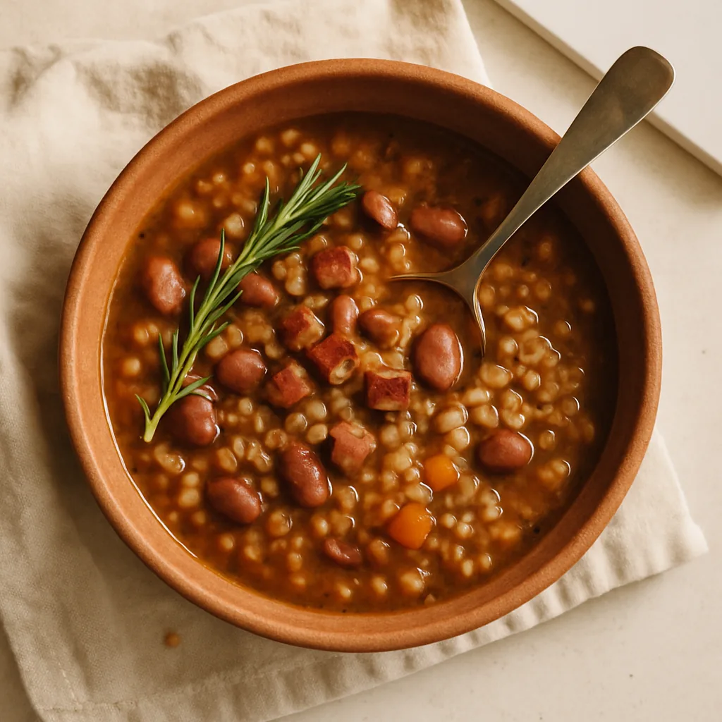 The finished zuppa di farro in an unglazed terracotta deep bowl, the raw clay matte and slightly rough. A thick soup: swollen farro grains, whole pink-brown borlotti beans, small dice of carrot and celery, crisp brown cubes of pancetta on top.