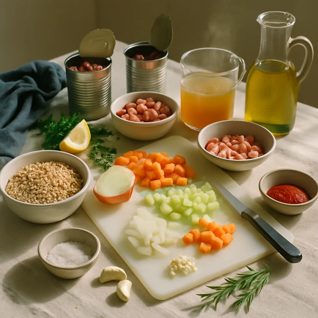 Ingredients laid out for zuppa di farro with borlotti beans and pancetta: a bowl of pearled farro, two opened tins of borlotti beans, a small bowl of diced pancetta, an onion part chopped, 2 garlic cloves, two rosemary sprigs.