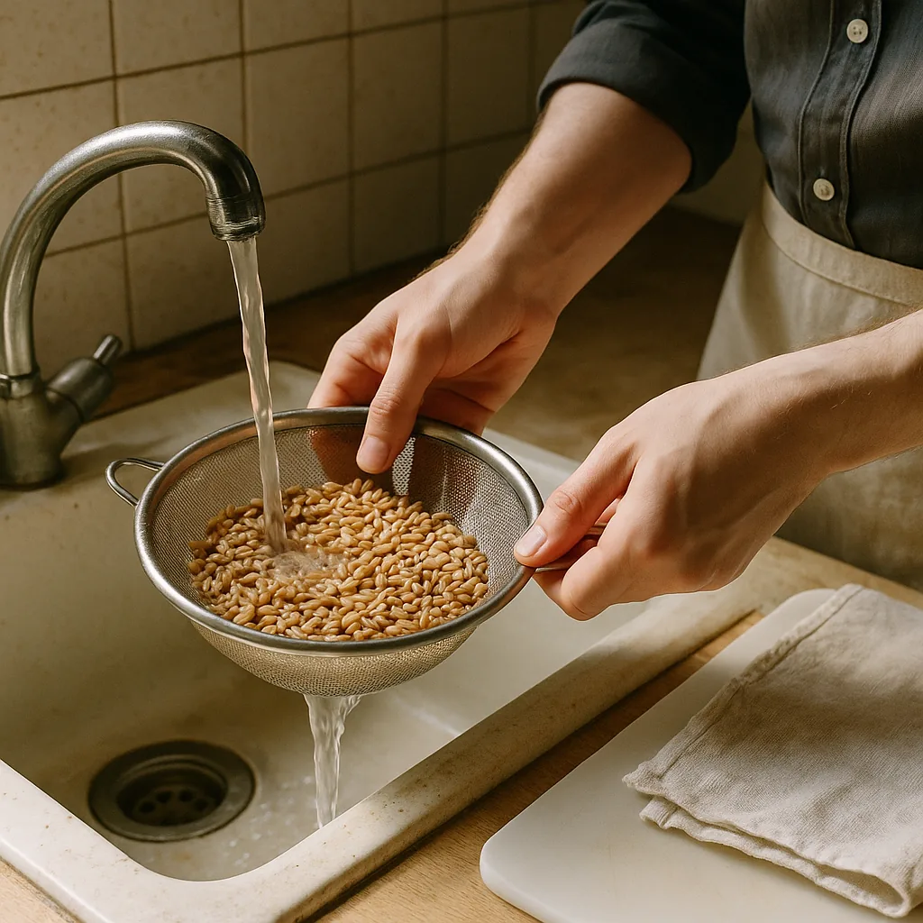 A pair of hands holds a fine mesh sieve of farro under a running tap at a small sink, cold water falling in a clear column into the grains and running out cloudy and white through the mesh underneath.