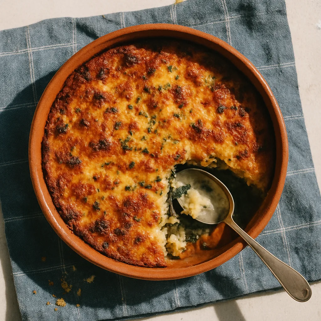 The finished zuppa gallurese in an unglazed terracotta baking dish. The top is deeply browned and blistered where the cheese has caught, paler and softer towards the middle, with green flecks of herb showing through.