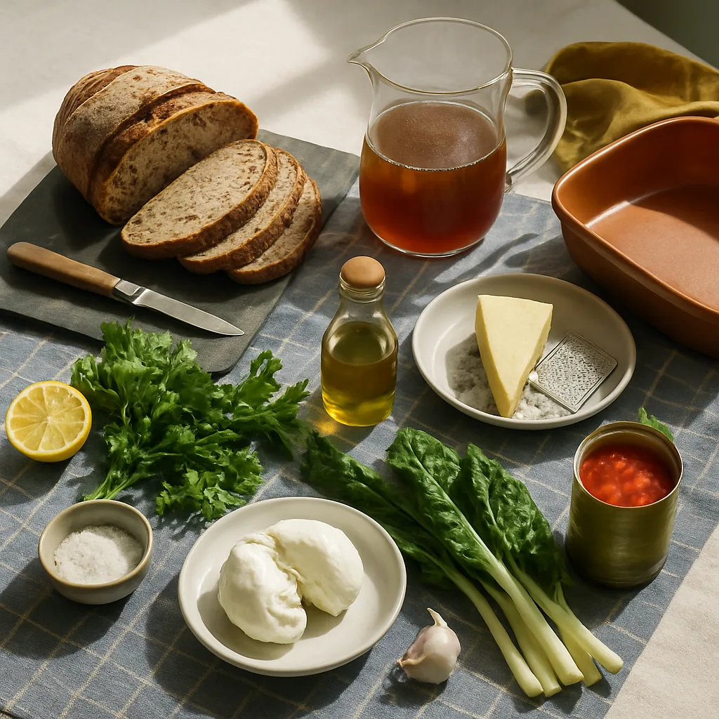 Ingredients laid out for zuppa gallurese, a Sardinian bake of stale bread soaked in broth with cheese and greens.