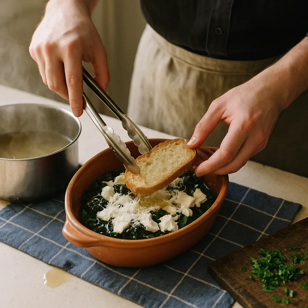 A pair of hands uses stainless tongs to lay a broth-soaked slice of bread into an unglazed terracotta baking dish, on top of a layer already built of bread, dark wilted greens and torn white mozzarella.