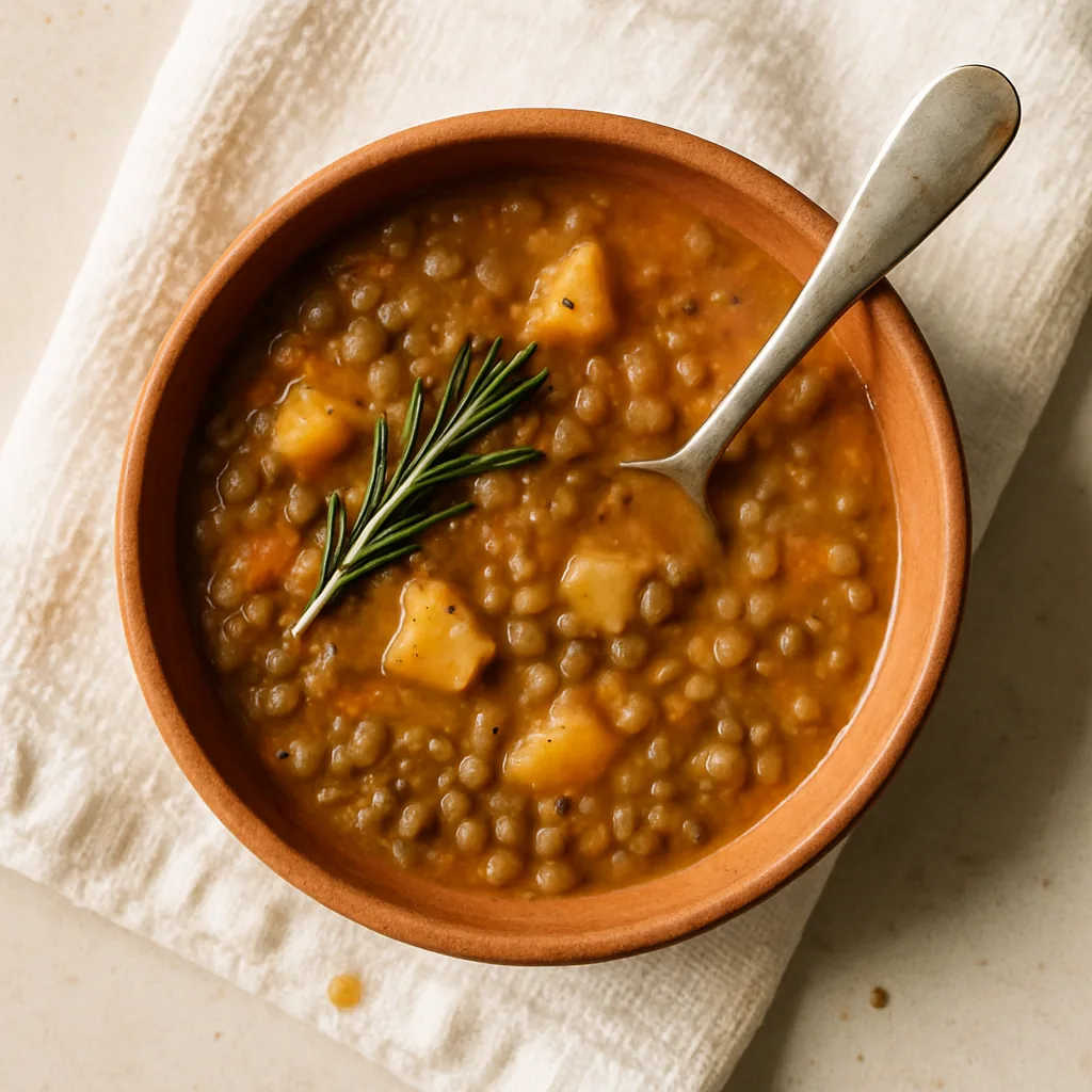 The finished stew in an unglazed terracotta deep bowl, the raw clay matte and slightly rough. A thick brown-orange stew of whole lentils and soft potato cubes, some potato broken down into the broth, flecks of carrot and celery.