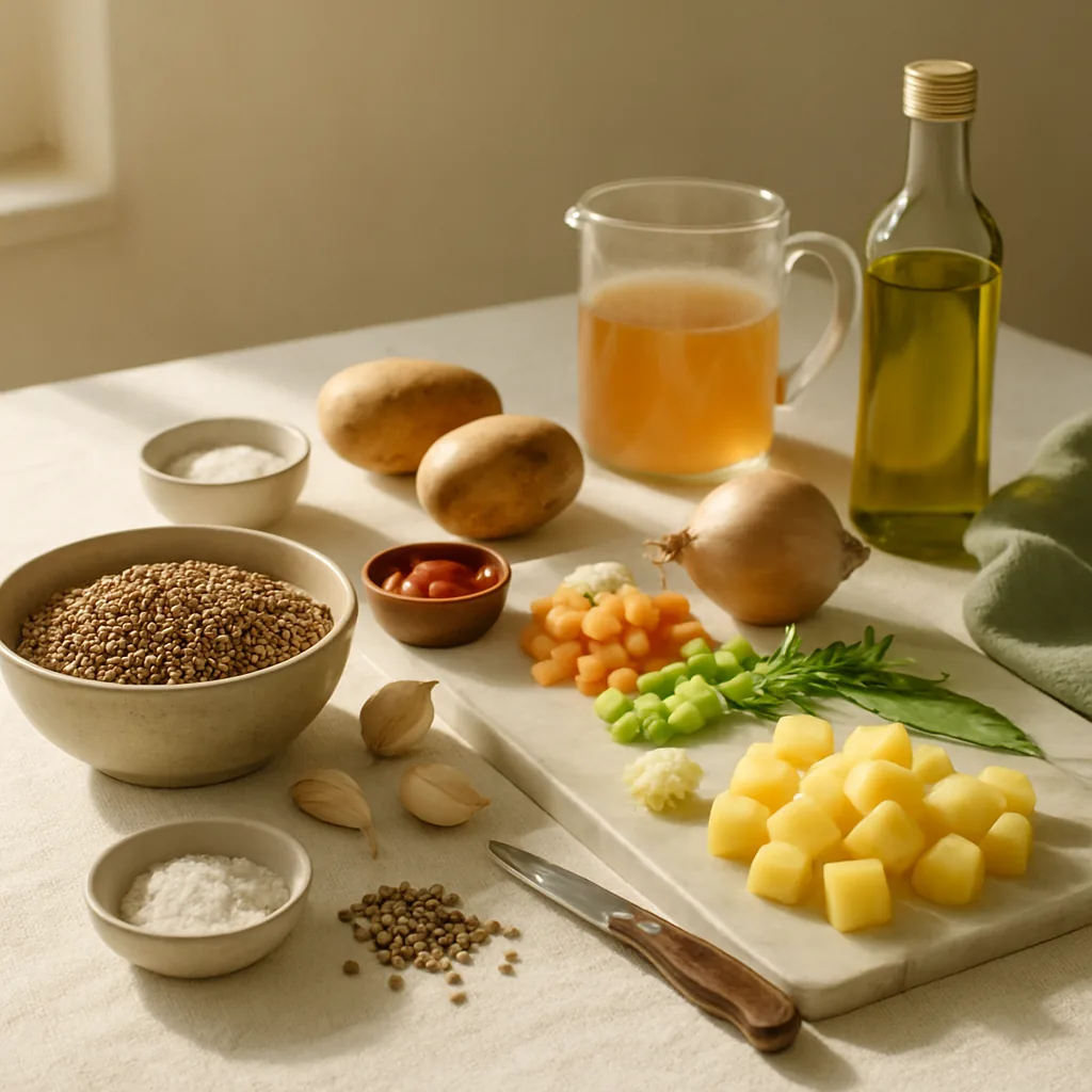 Ingredients laid out for a lentil and potato stew with rosemary: a bowl of dry brown lentils, two potatoes, an onion part chopped, 2 garlic cloves, two rosemary sprigs and a bay leaf, a small ceramic dish of tomato purée.