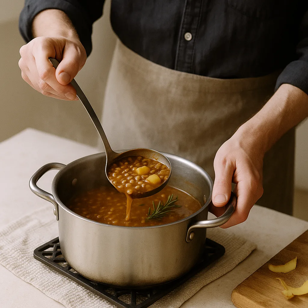 A pair of hands lowers a metal ladle into a deep pot of lentil and potato stew and lifts it out full, the thick stew sliding off the edge back into the pot in a slow fold.