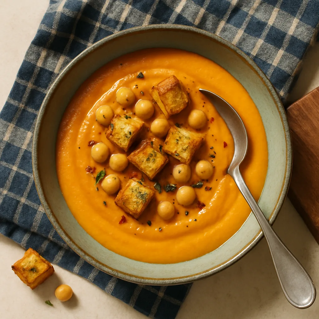 The finished soup in a sage green handmade deep bowl with an irregular edge. A smooth bright orange purée, thick enough to hold a swirl.