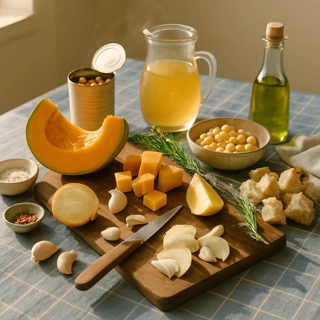 Ingredients laid out for a pumpkin soup with chickpeas and rosemary croutons: a wedge of pumpkin, an opened tin of chickpeas, an onion part chopped, two rosemary sprigs and a pinch pot of chilli flakes.